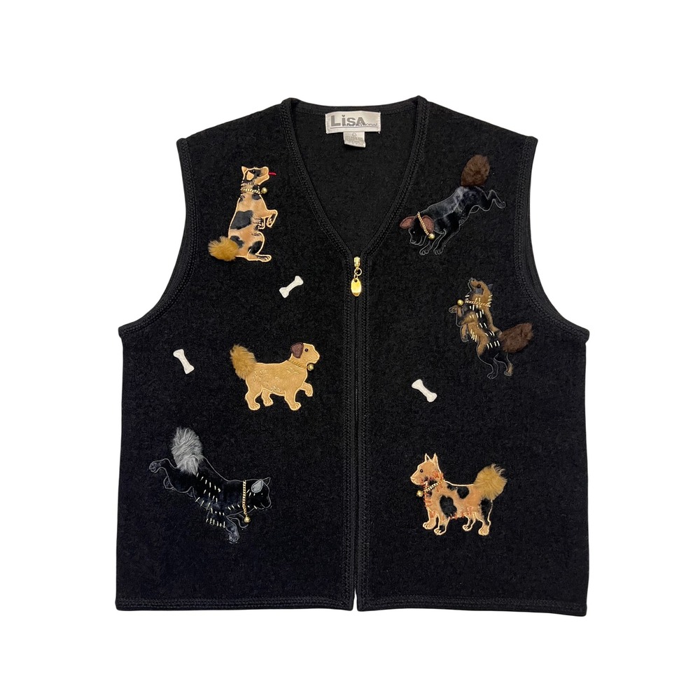 Lisa International Black 100% Boiled Wool Dog Applique Zip Front Vest Size L